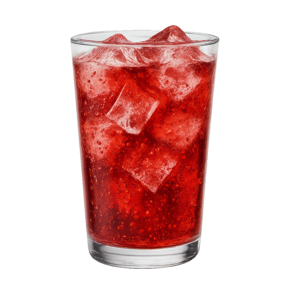 Refreshing Fizzy Red Beverage with Ice Cubes in Clear Glass png