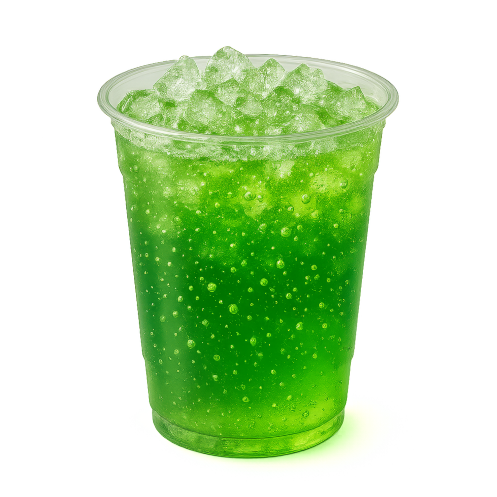Refreshing Green Soda Drink in Transparent Cup with Ice Cubes png