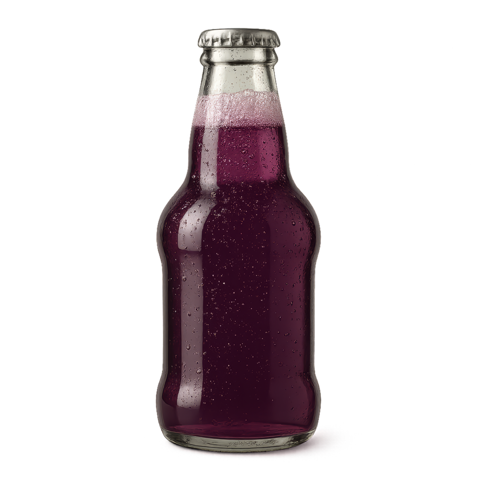 Refreshing Purple Fizzy Drink in Glass Bottle with Bubbles png