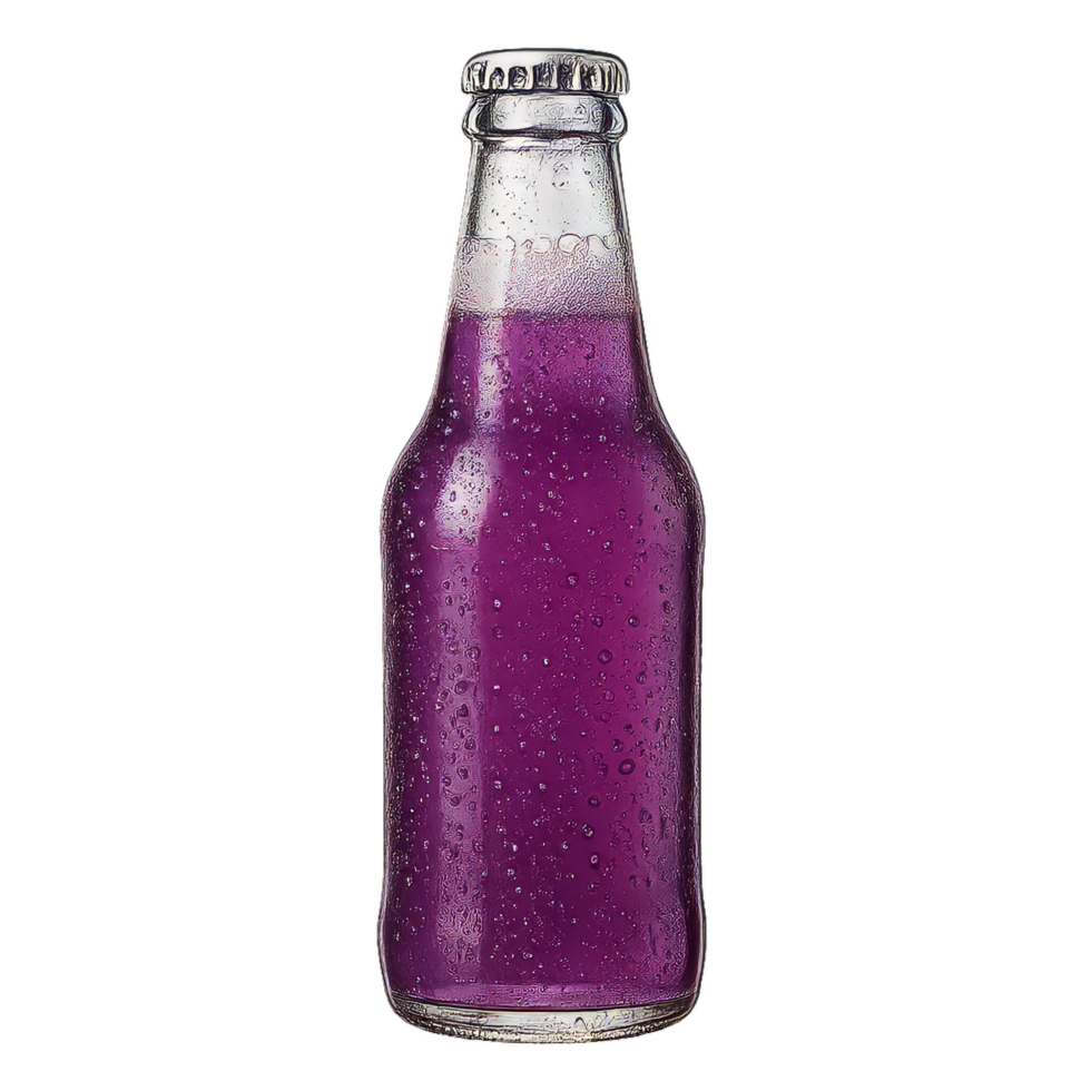 Refreshing Purple Fizzy Drink in Glass Bottle with Water Drops png