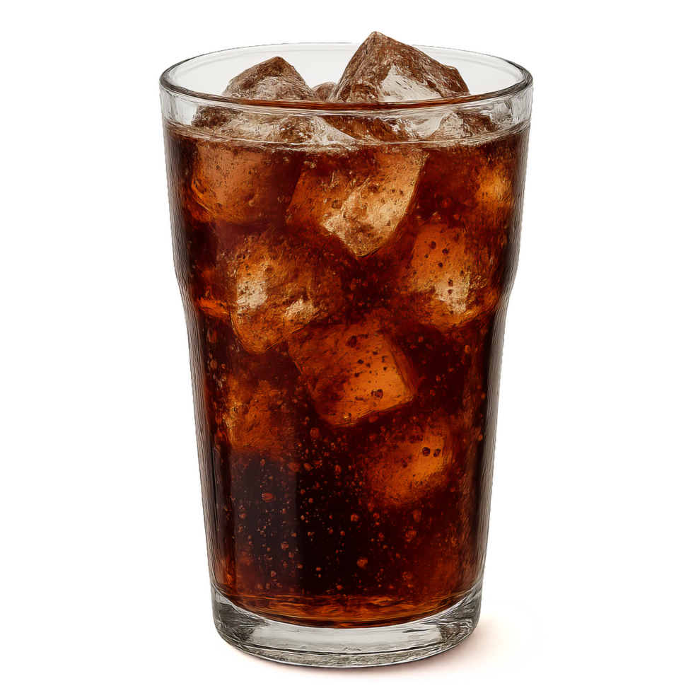 Effervescent Cola Drink in a Transparent Glass with Ice Cubes png
