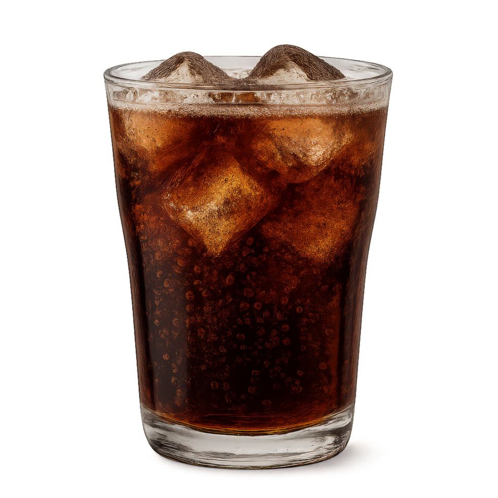 Refreshing Effervescent Cola Drink in a Glass with Ice Cubes png