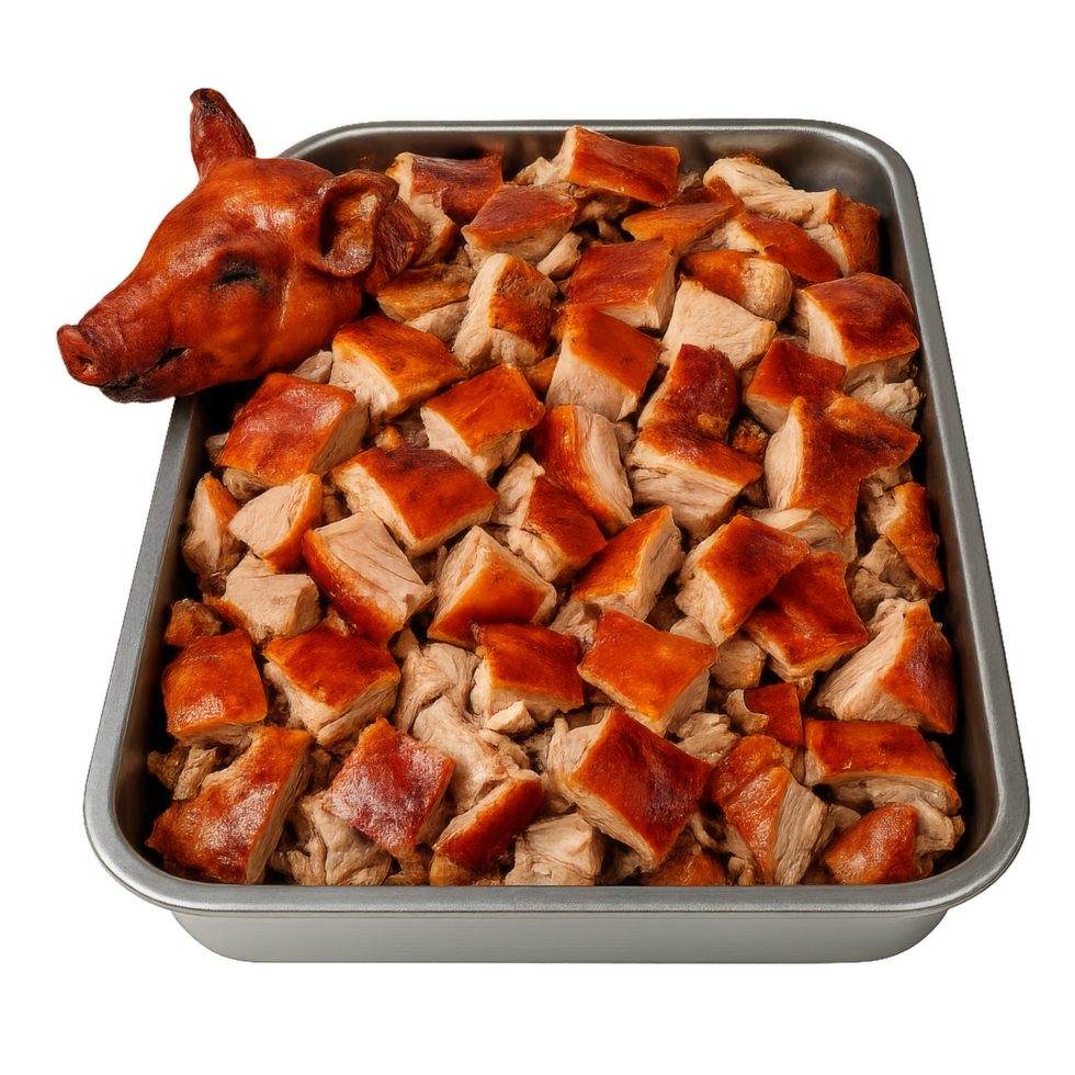 Roasted Pig Platter with Succulent Meat Pieces for Feast png