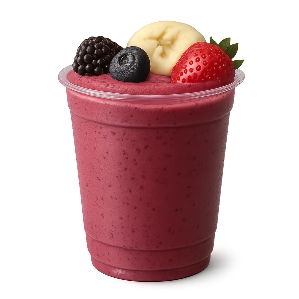 Berry Banana Smoothie in a Clear Cup with Fresh Fruits on Top png