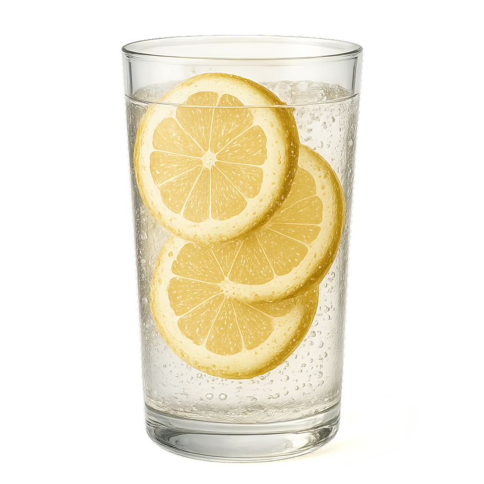 Refreshing Sparkling Lemon Water in a Clear Glass with Lemon Slices png