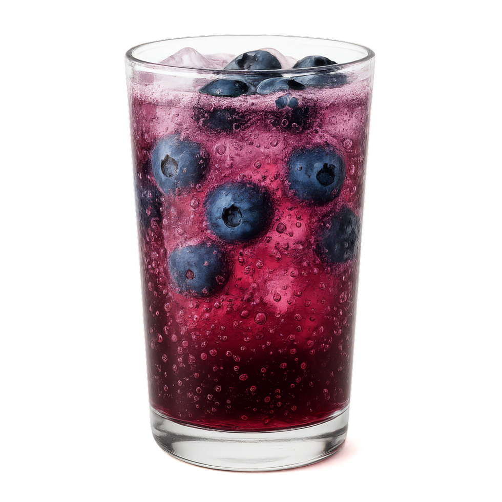 Refreshing Blueberry Soda with Bubbles and Ice in Clear Glass png