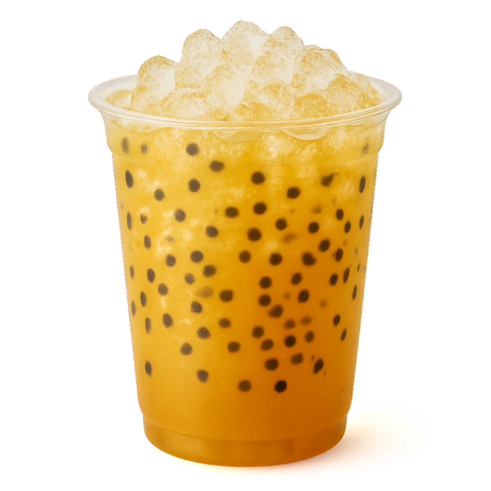 Refreshing Passion Fruit Soda in Transparent Plastic Cup with Ice png
