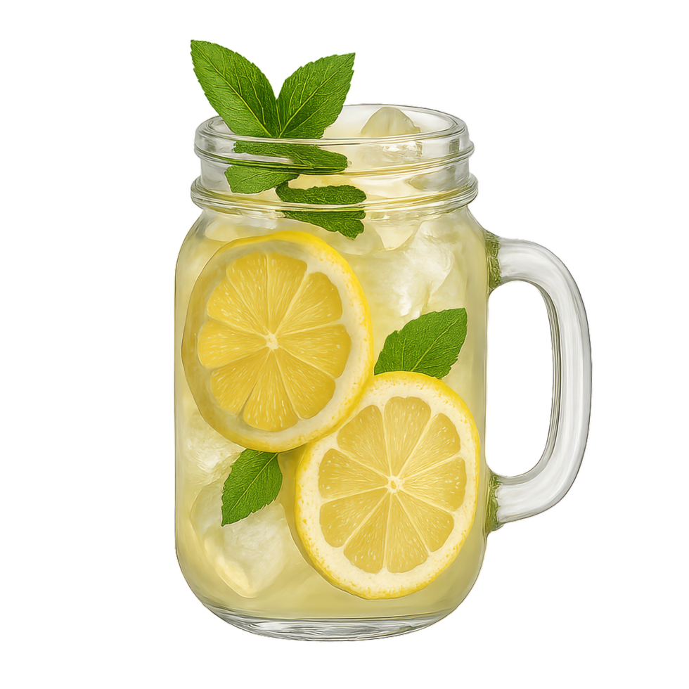 Refreshing Lemonade in Mason Jar with Lemon Slices and Mint Sprigs png