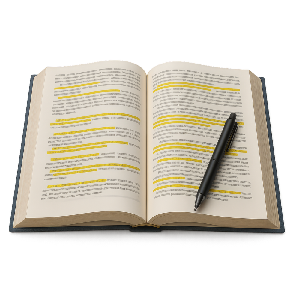 Open Textbook with Highlighted Text and a Pen on White Background png