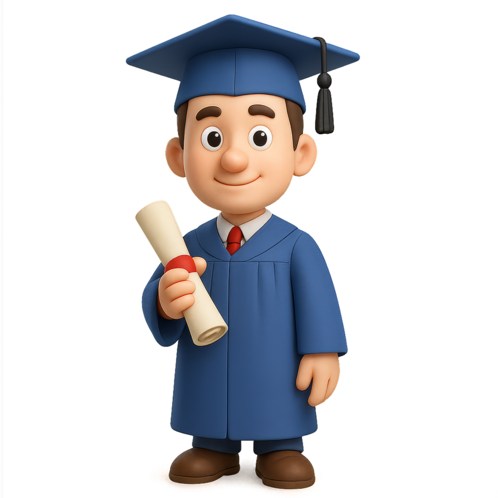 3D Cartoon Graduate Character Holding Diploma in Cap and Gown png