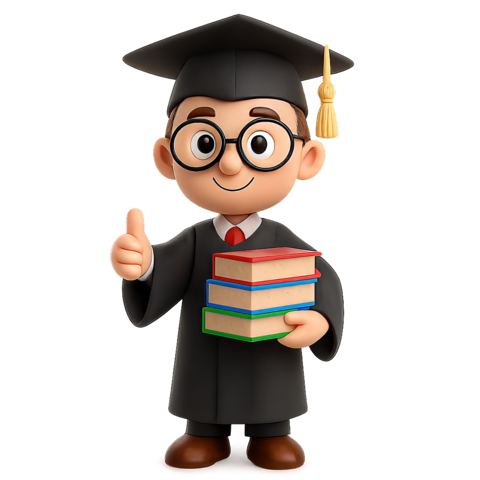 Cheerful Cartoon Graduate with Books and Thumbs Up Gesture png