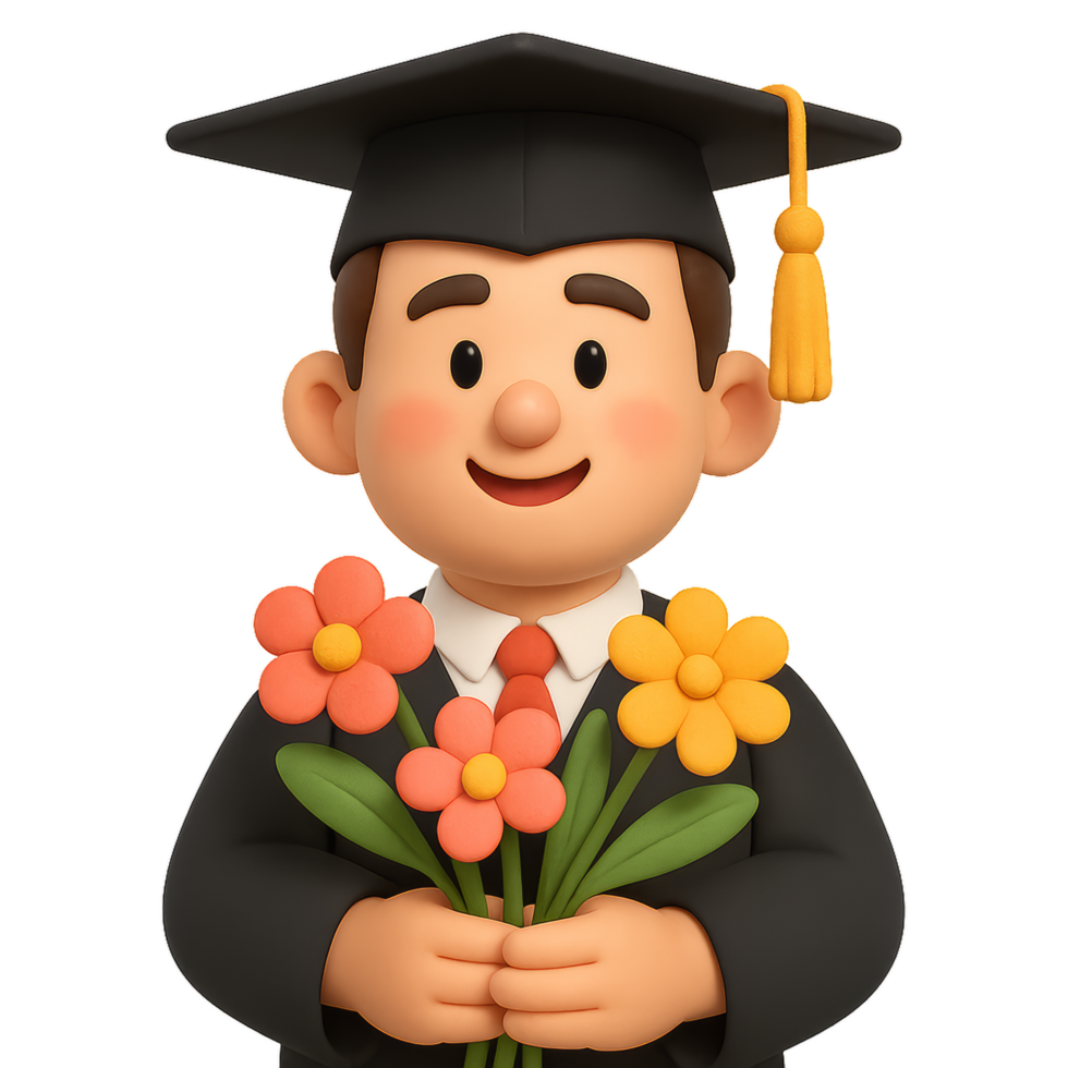 Cheerful Graduation Character Holding Flowers in Celebration Moment png
