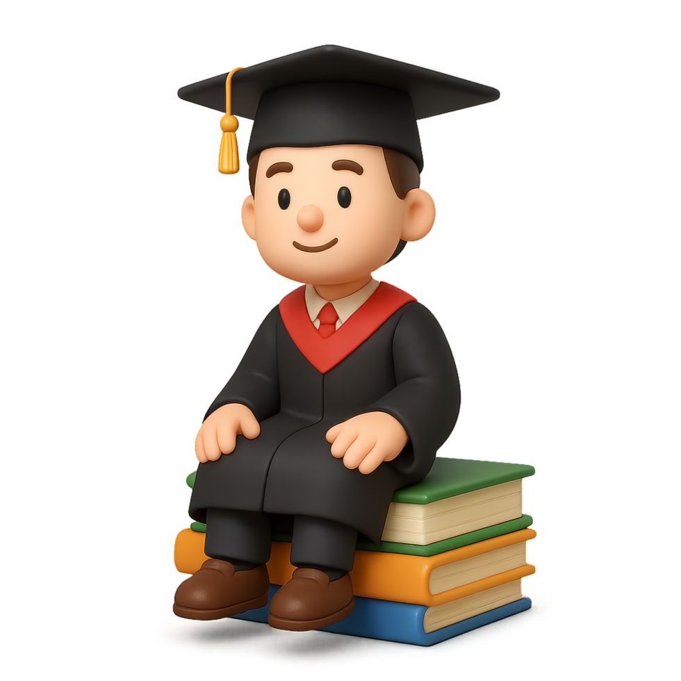Cartoon Character Graduate Sitting on Books with Graduation Cap png