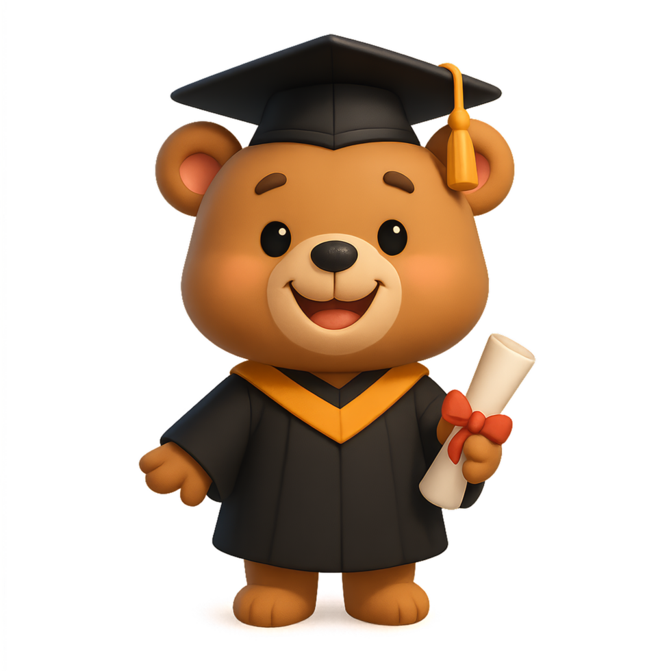 Proud Cartoon Bear Graduate Holding Diploma in Graduation Outfit png