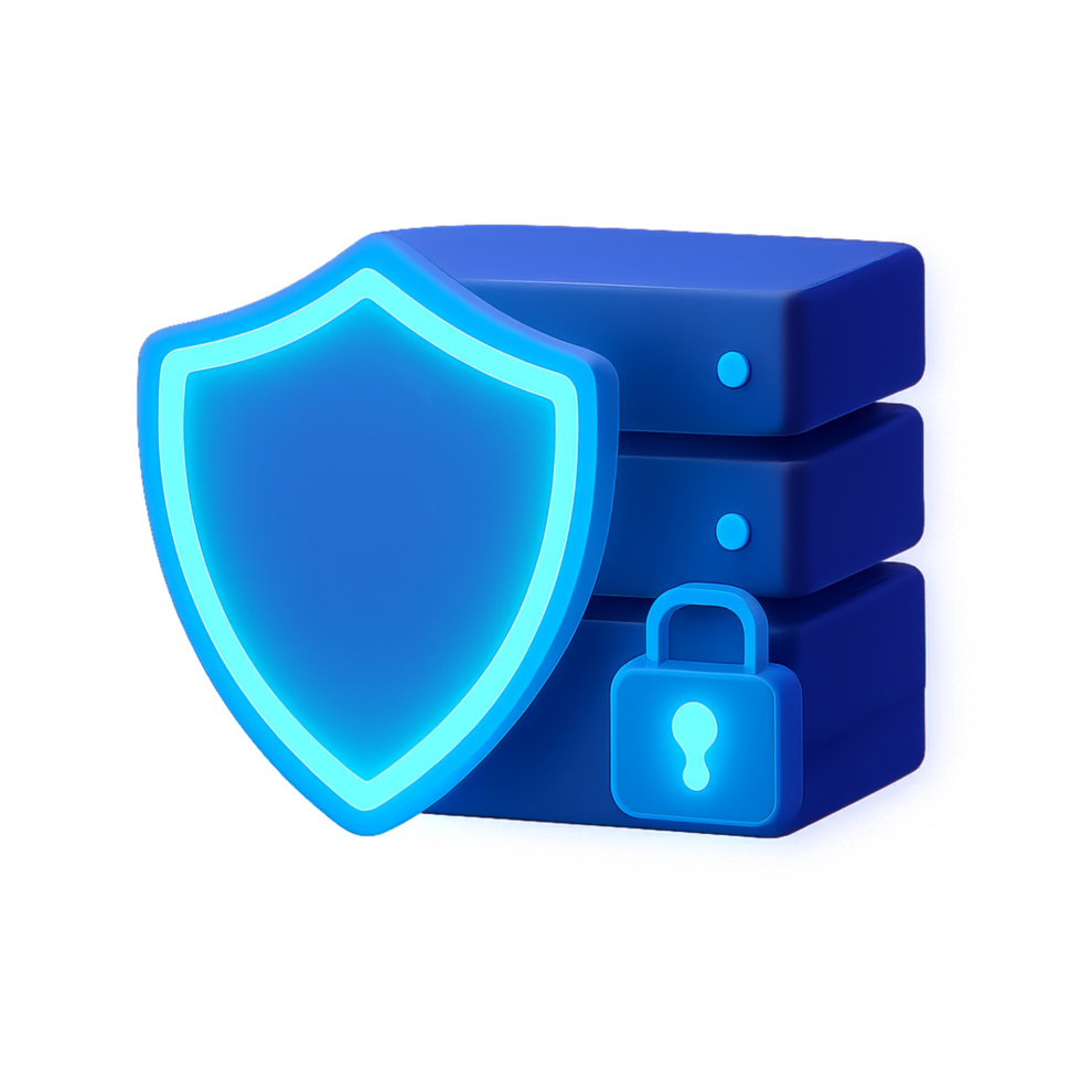 3D Glowing Shield with Padlock on Blue Server Background png