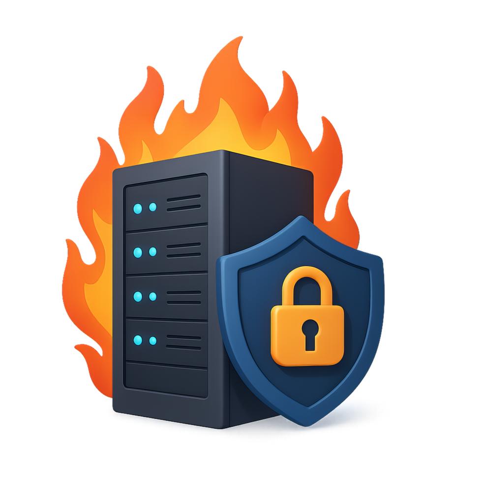 Secure Server Infrastructure Concept with Shield and Fire Elements png