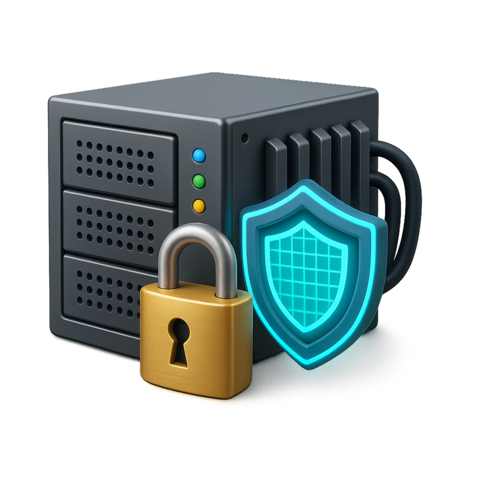 Secure Server Module with Shield and Lock Icon for Digital Protection png