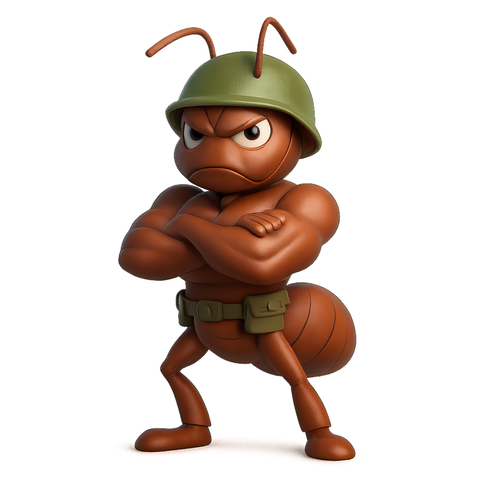 Muscular Cartoon Ant Soldier in Military Gear with Determined Expression png