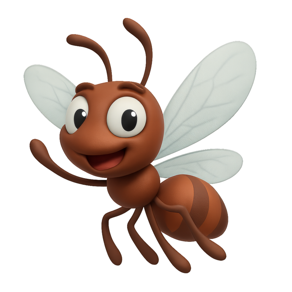3D Cartoon Ant with Wings in Joyful Pose and Friendly Expression png