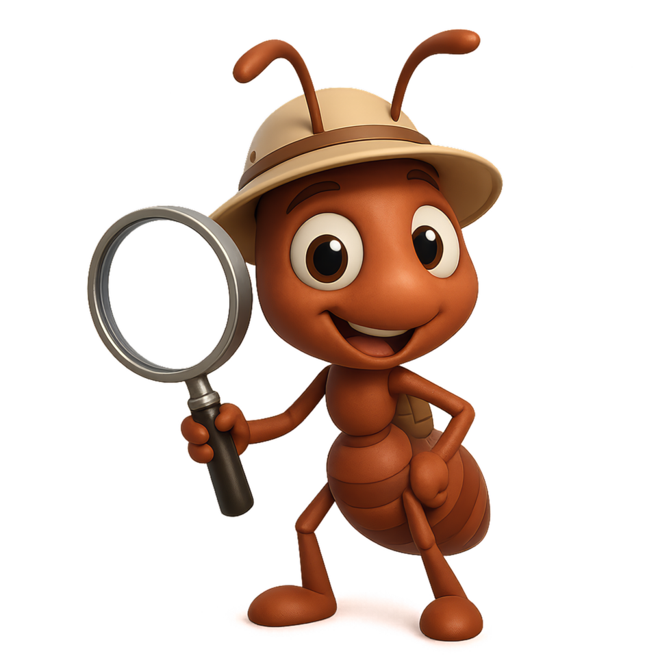 Cartoon Ant Explorer Character with Magnifying Glass in Simple Style png
