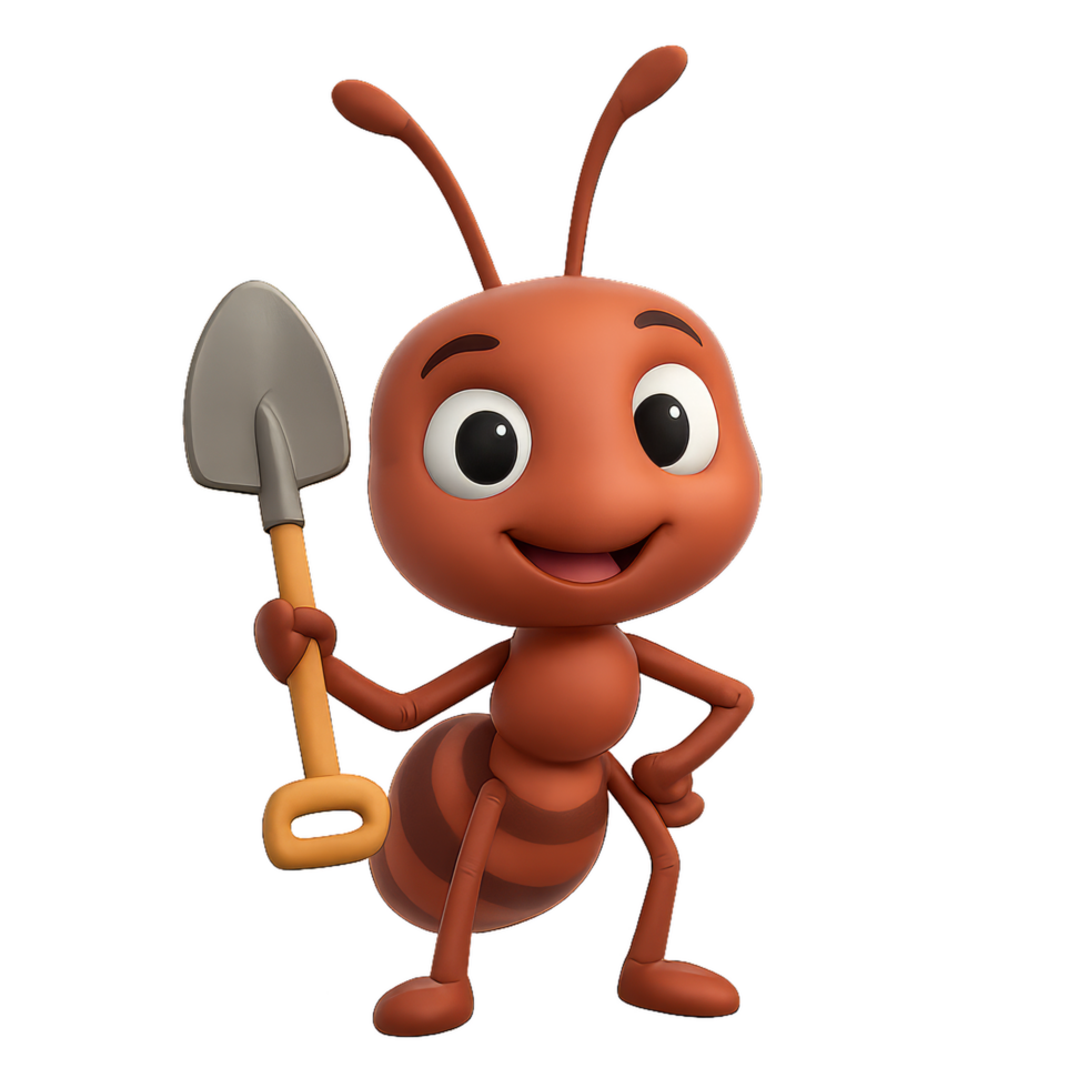 Cheerful Cartoon Ant Worker with Shovel in Playful Pose png