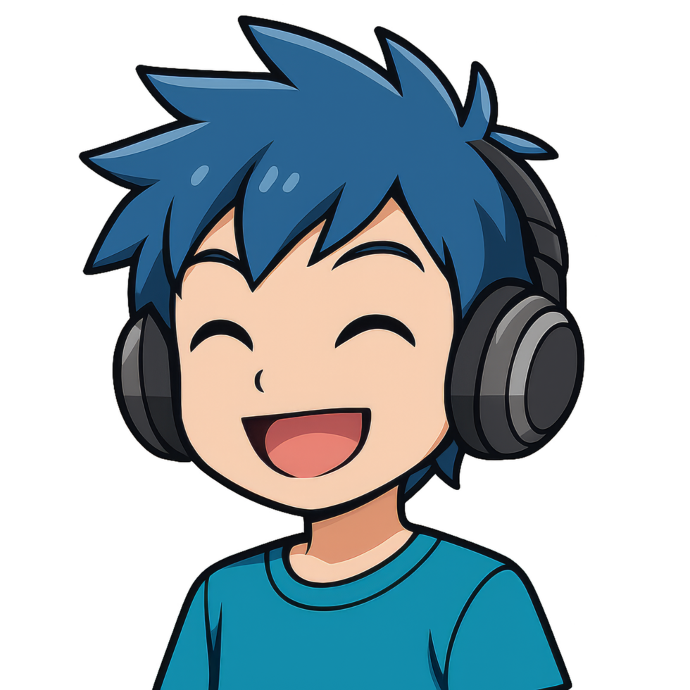 Cheerful Anime Boy Illustration with Blue Hair and Headphones png