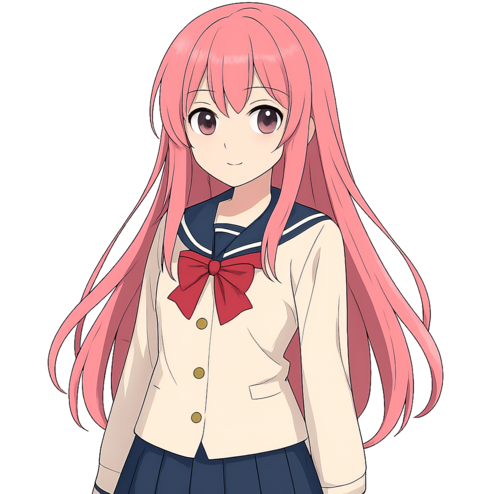 Cute Anime Girl in School Uniform with Long Pink Hair Illustration png