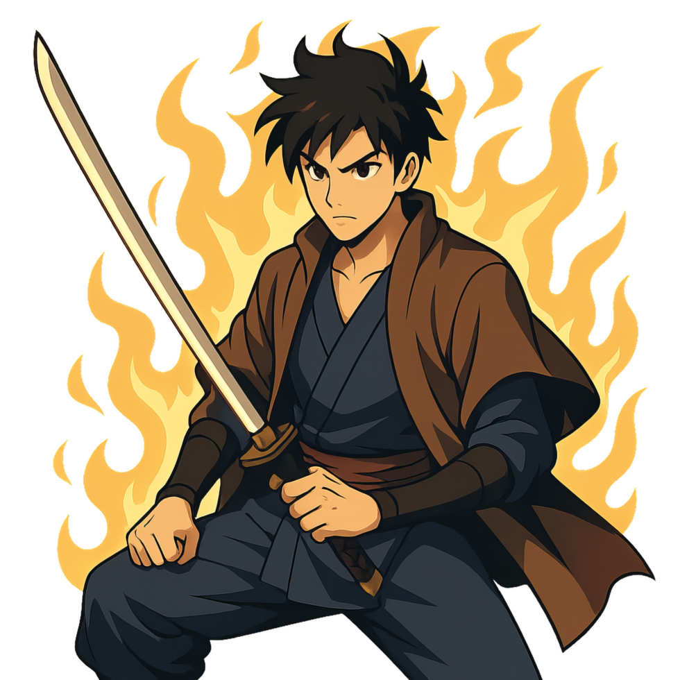 Anime Warrior with Sword Surrounded by Fiery Aura Effects png