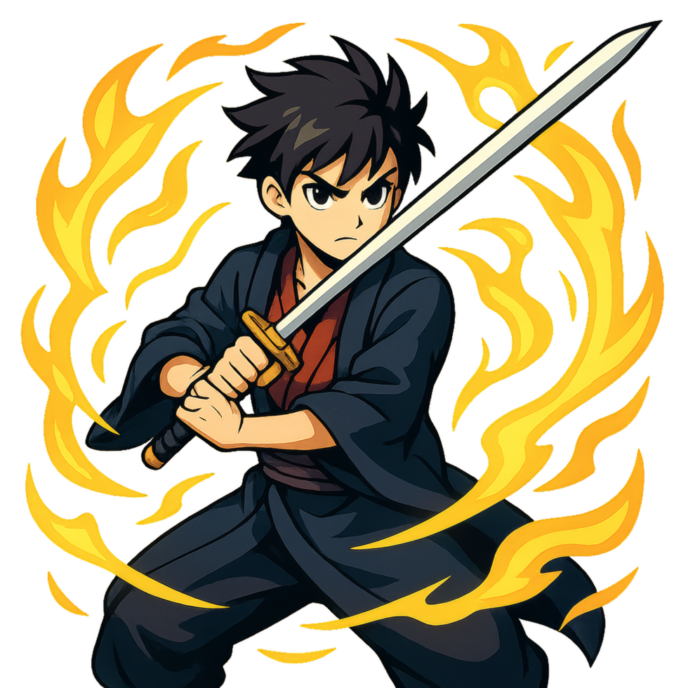 Anime Warrior with Sword Surrounded by Fiery Aura in Action Pose png