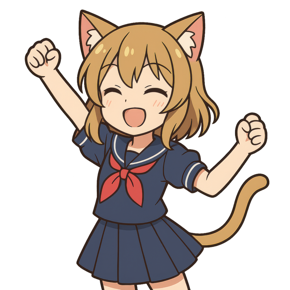 Joyful Anime Cat-Eared Character Celebrating with Cheerful Pose png