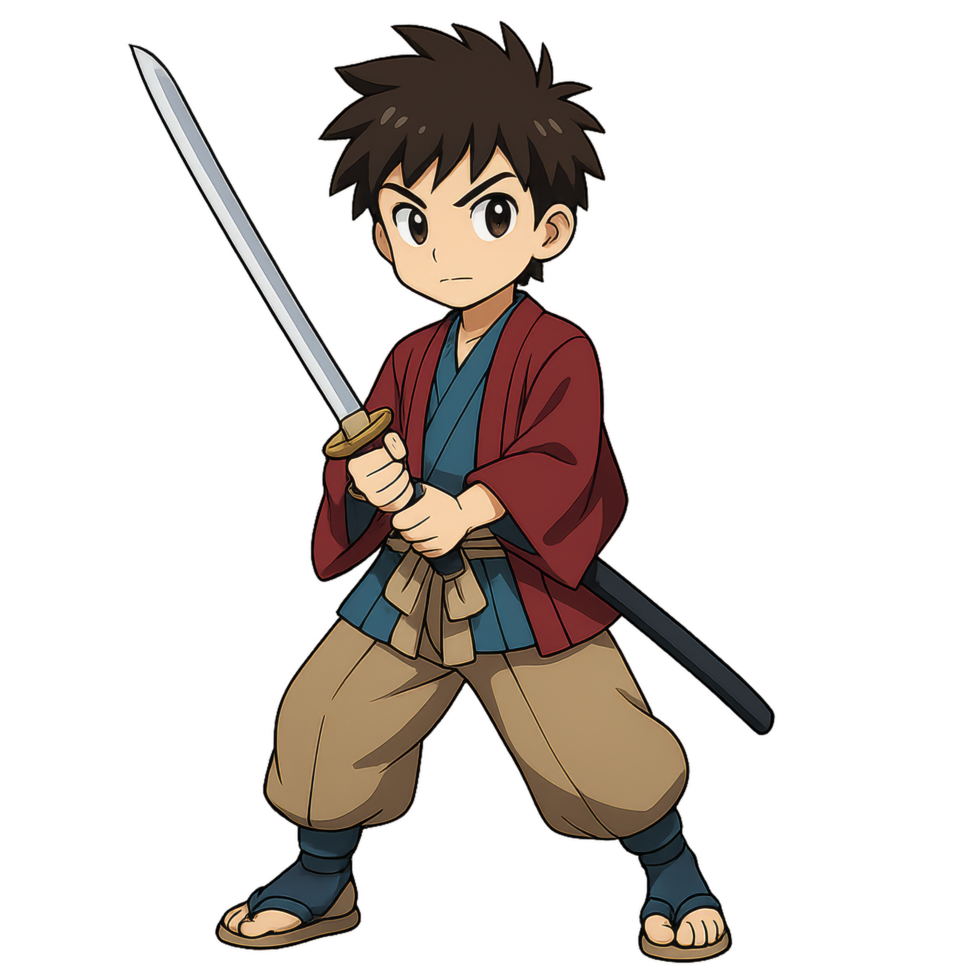 Young Boy in Samurai Costume Ready for Adventure with Sword png