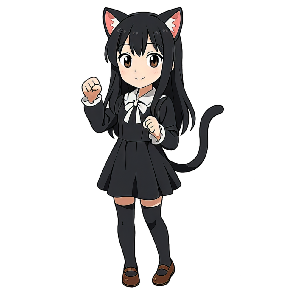 Cute Anime Cat Girl Character in Black Dress with Cat Ears png