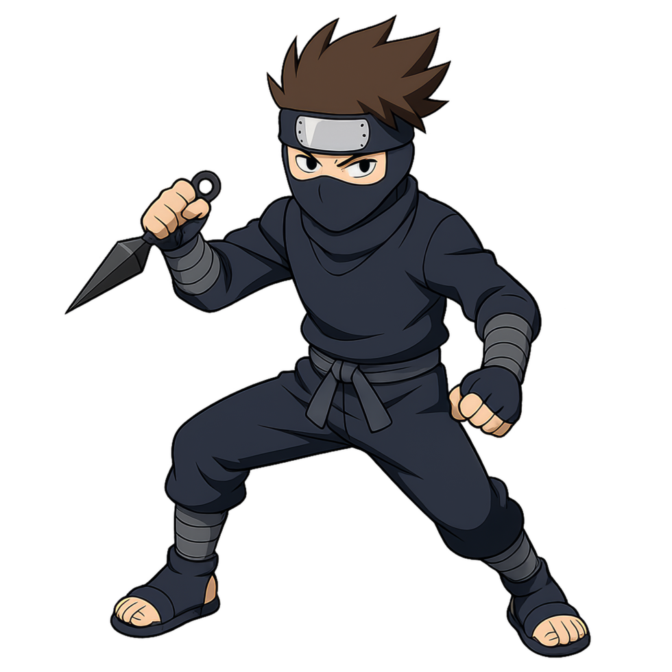 Young Ninja Warrior in Dynamic Pose with Dagger, Minimalist Design png