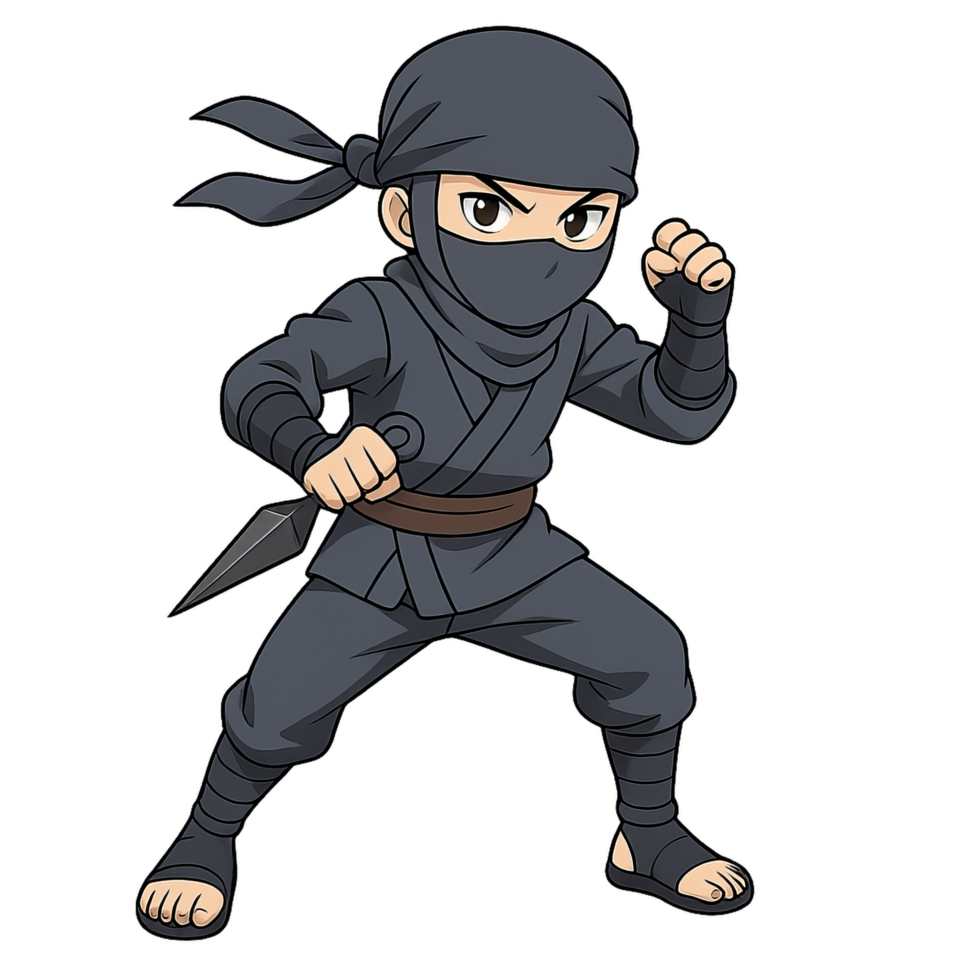 Dynamic Cartoon Ninja Warrior Character in Action Pose Design png