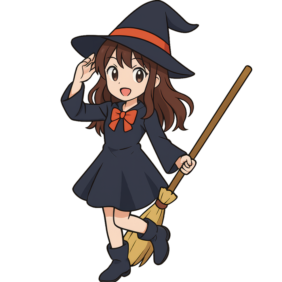 Cute Anime Girl Witch with Broomstick in Simple Design png