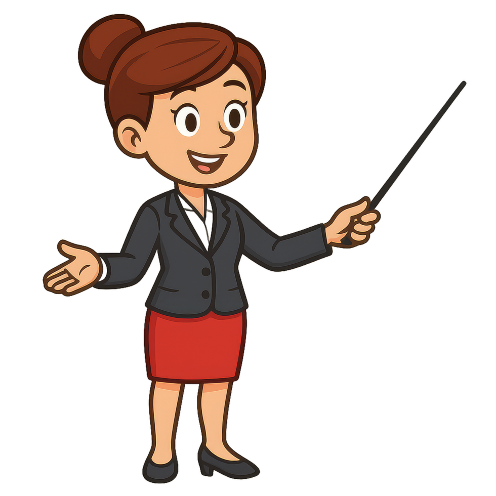 Cartoon Businesswoman Presenting with Pointer in Stylish Attire png