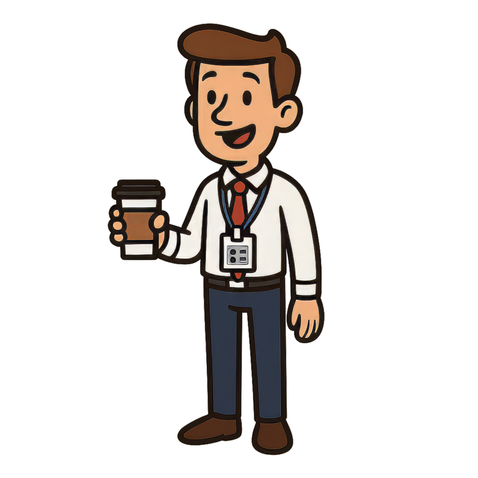 Cheerful Cartoon Office Worker Holding Coffee Cup in Simple Style png