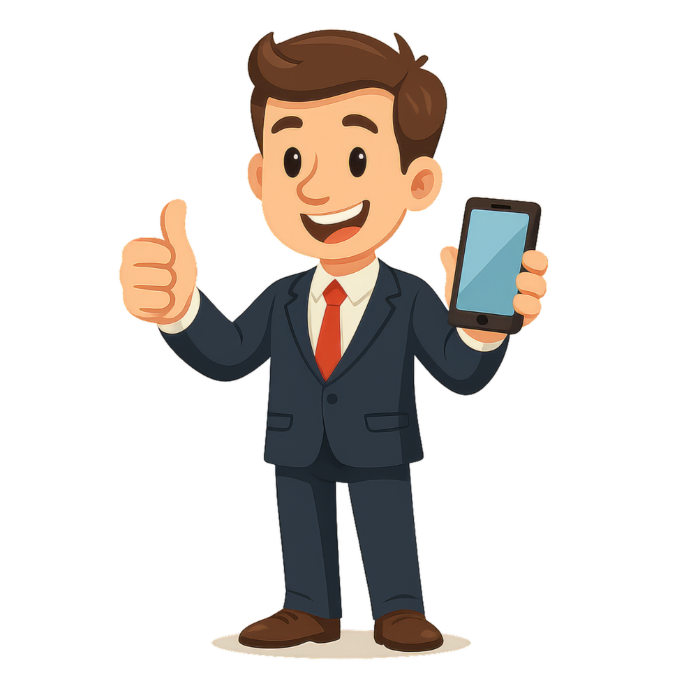 Businessman Giving Thumbs Up While Holding Smartphone in Suit png