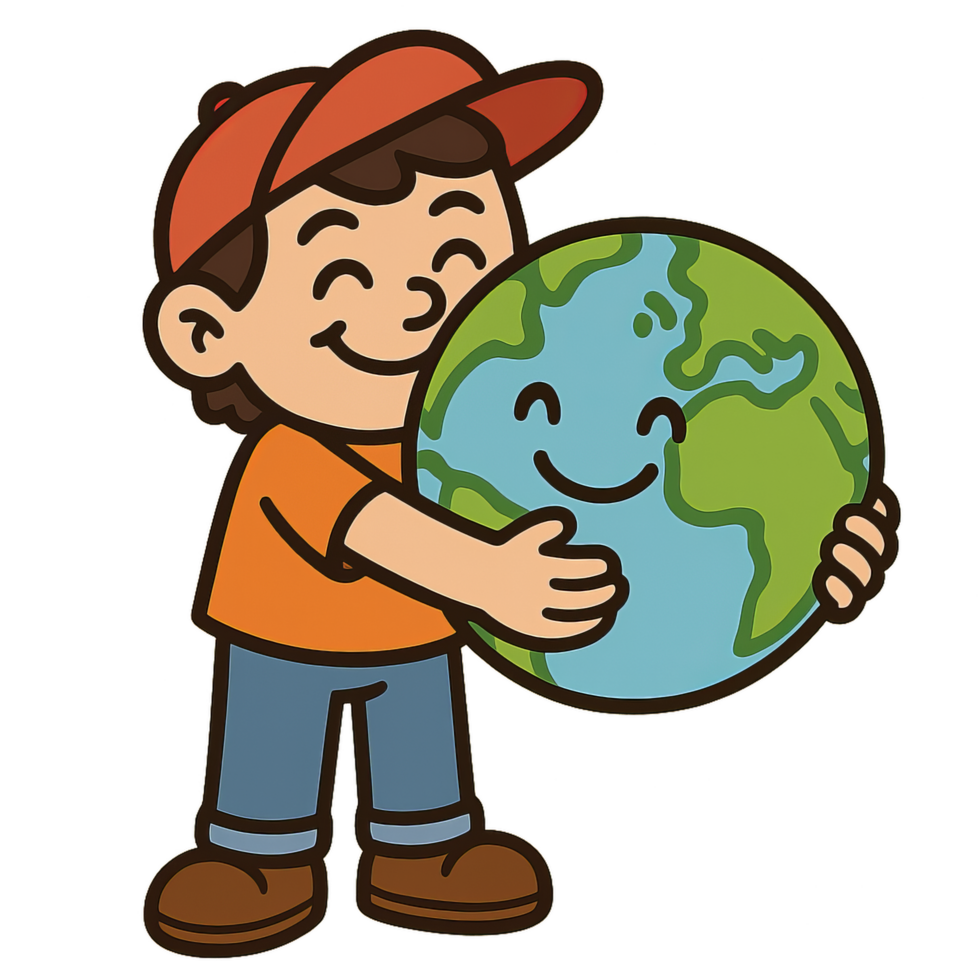 Cartoon Child Hugging Happy Globe in a Simple and Cheerful Style png