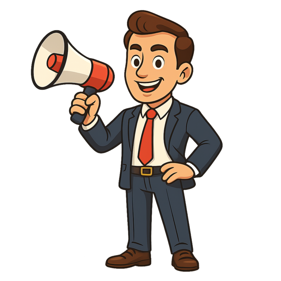 Cartoon Business Coach Using Megaphone for Motivational Speech png