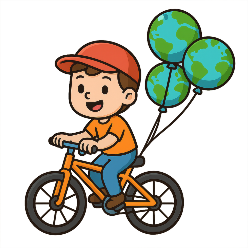 Happy Boy on Bicycle with Earth Balloons in Bright Colors png