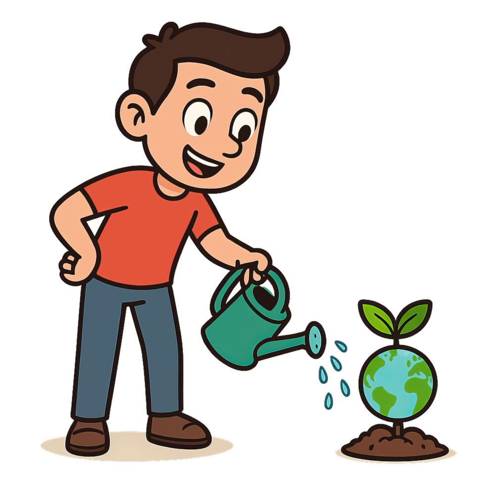 Cartoon Boy Watering Plant on Earth Concept for Environmental Care png