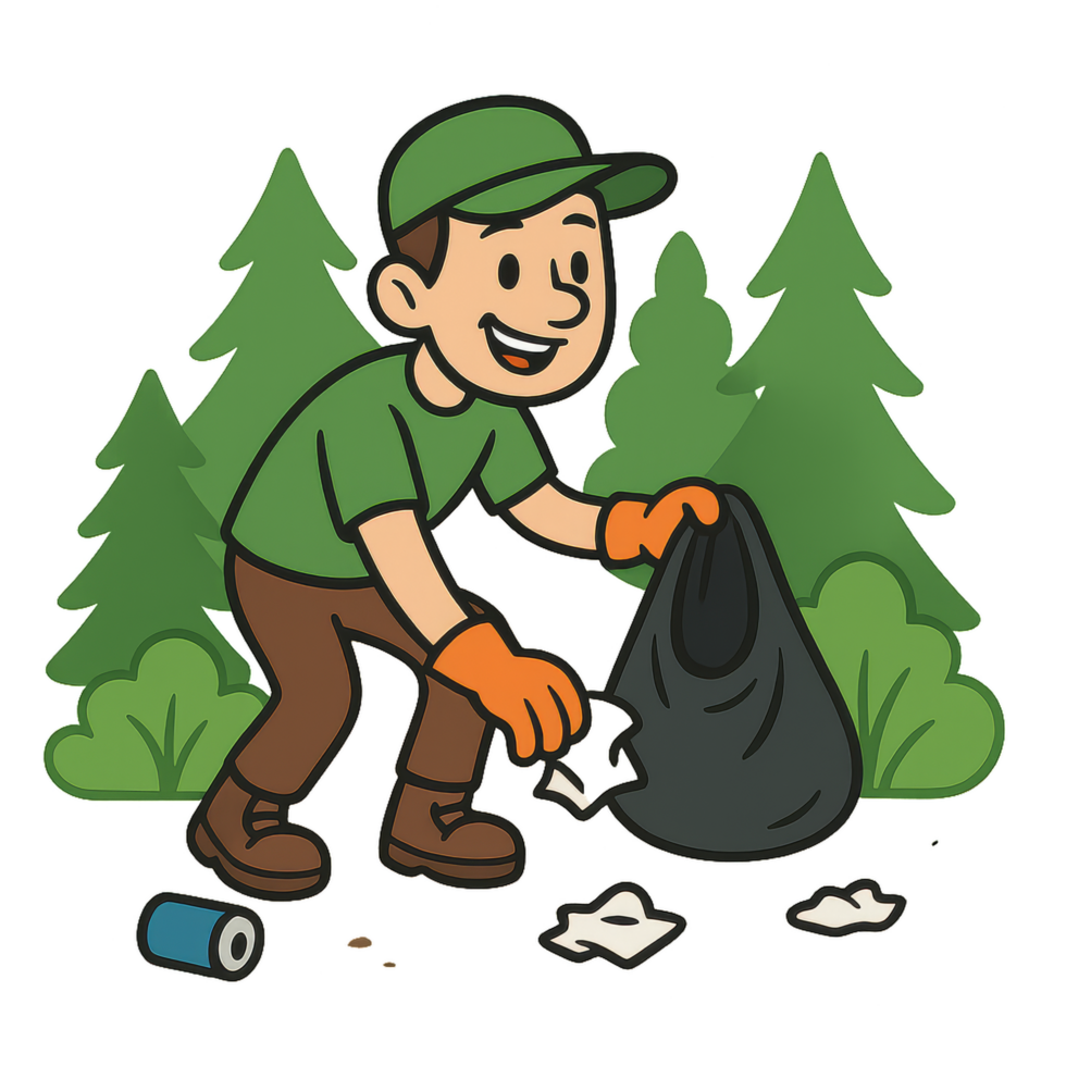 Cartoon Character Cleaning Up Litter in Nature Scene Illustration png