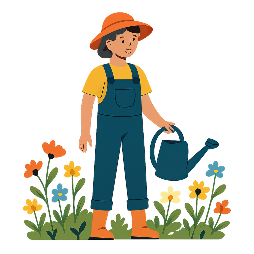 Person in a Meadow Watering Colorful Flowers with Joyful Smile png