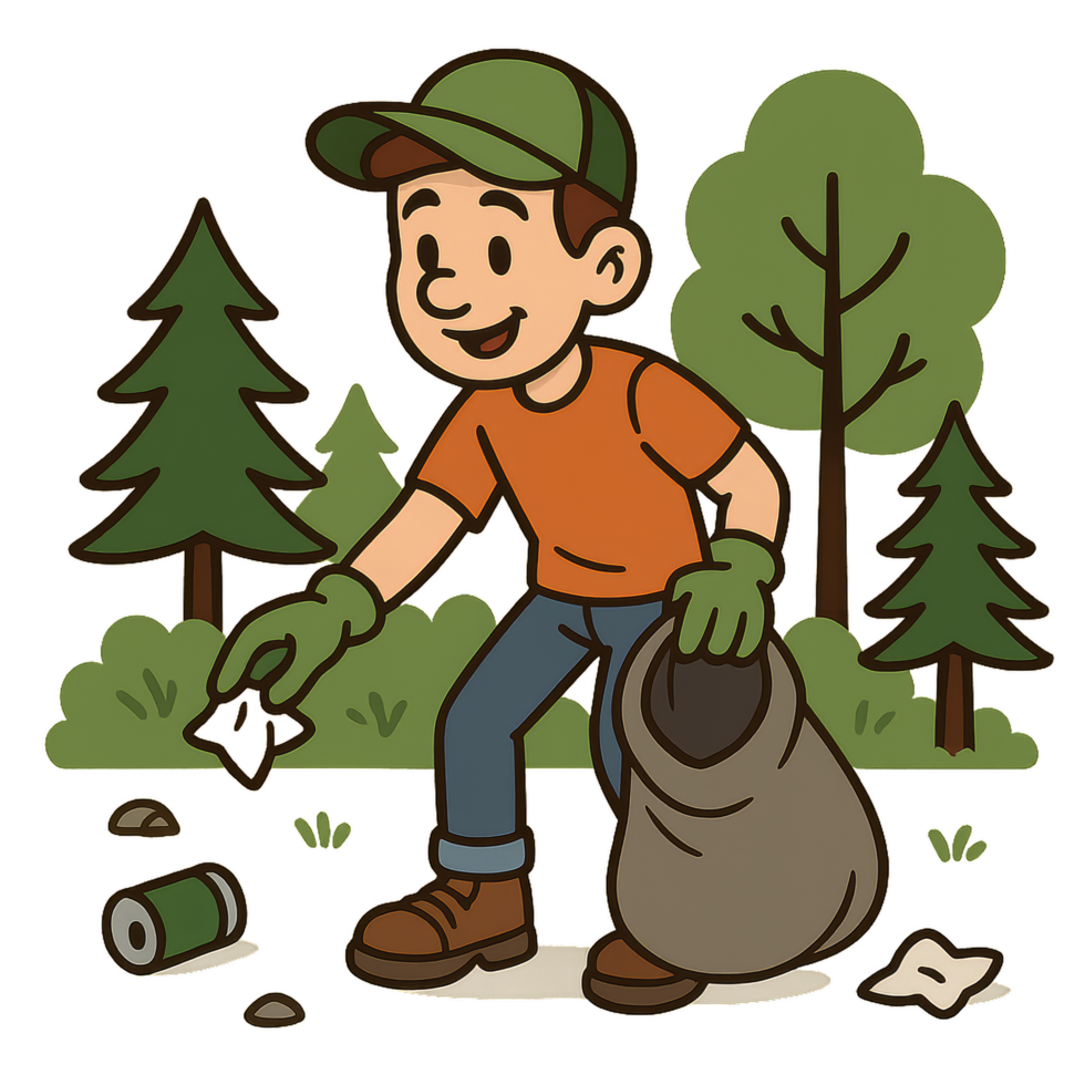 Cheerful Cartoon Character Engaging in Environmental Cleanup Activity png