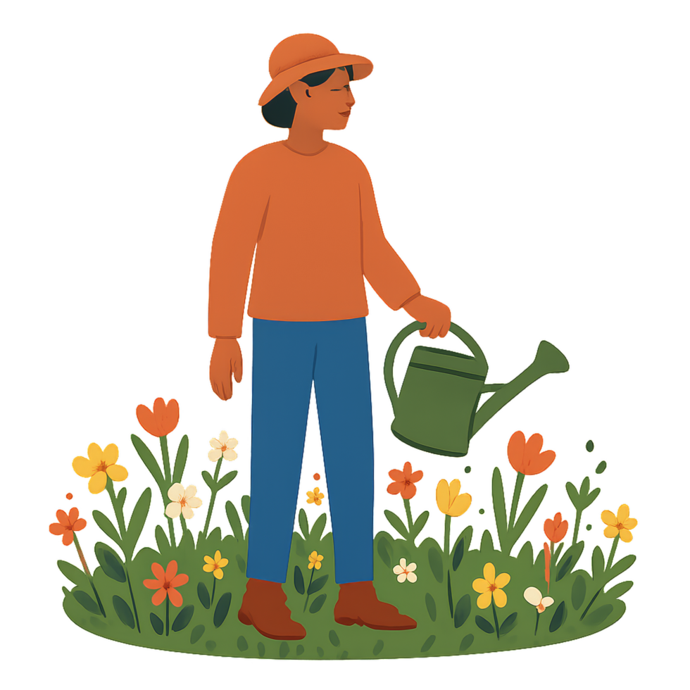 Person Watering Flowers in a Colorful Meadow Scene with Hat png
