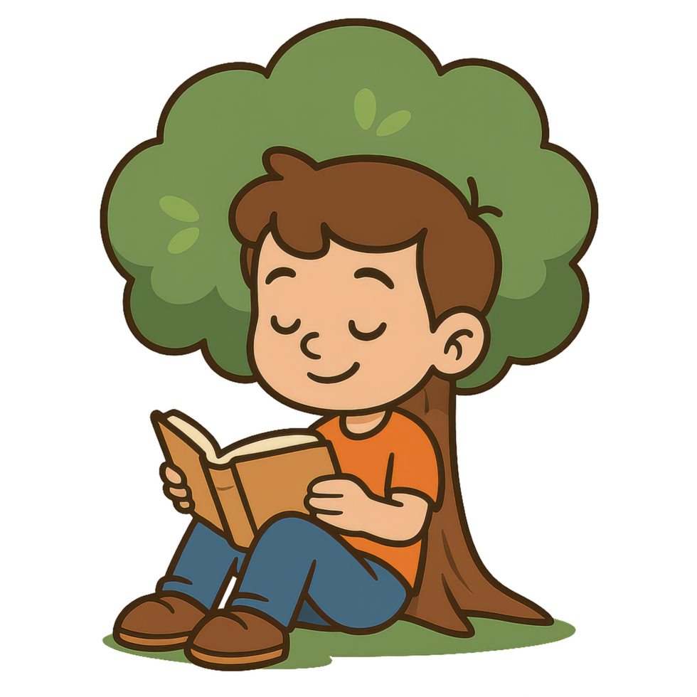 Young Boy Enjoys Reading a Book Under a Large Tree in Nature png