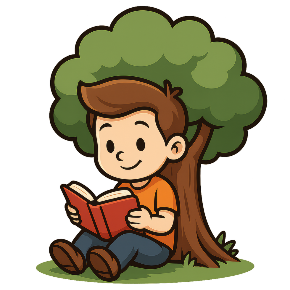 Young Boy Reading a Book Under a Tree in a Simple Setting png