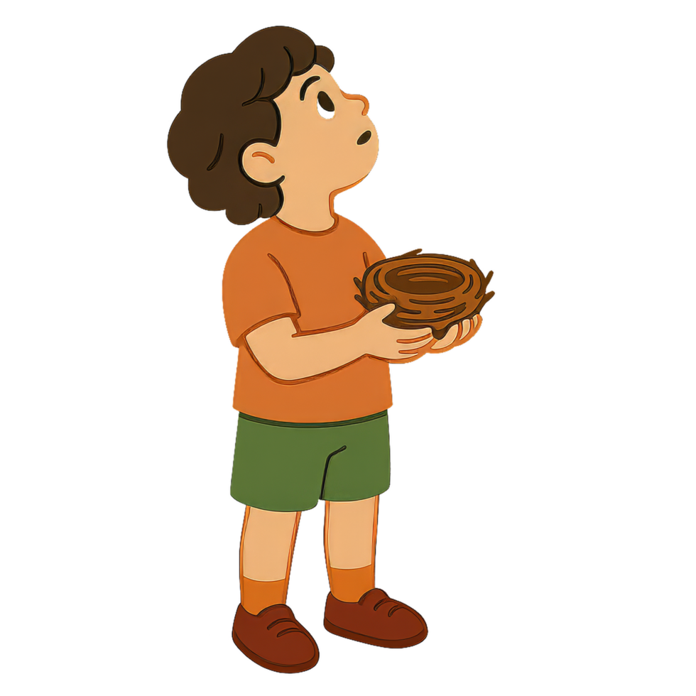 Child Holding a Bird's Nest with Curiosity and Wonder png