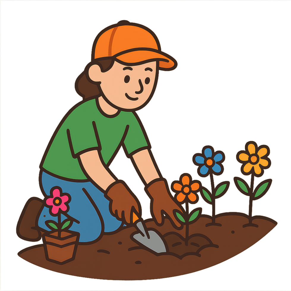 Gardener Planting Colorful Flowers in a Simple Garden Scene png